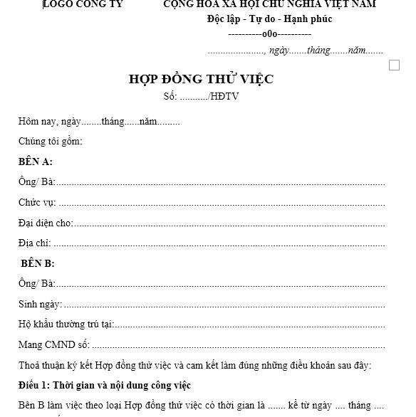 Mẫu hợp đồng thử việc mới nhất