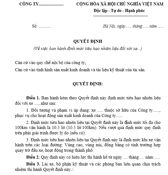 Mẫu quyết định về việc ban hành định mức tiêu hao nhiên liệu đối với xe.