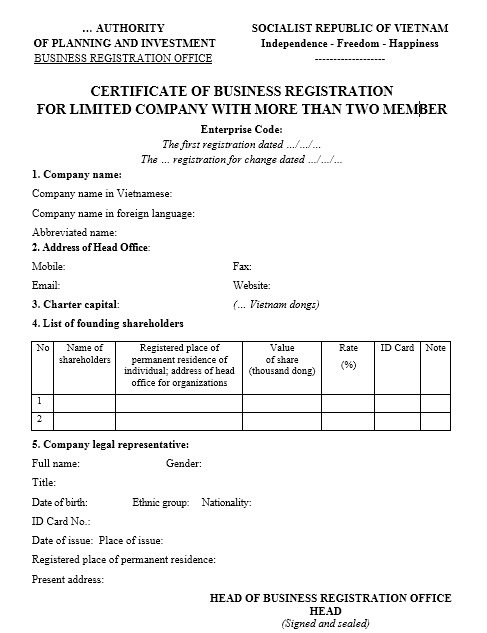 Mẫu giấy đăng ký kinh doanh Công ty TNHH 2TV trở lên - TIẾNG ANH