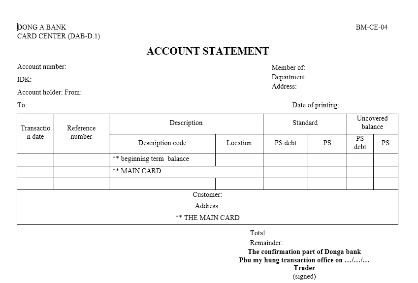 Mẫu bảng sao kê tài khoản Ngân hàng Thương mại Cổ phần Đông Á - TIẾNG ANH