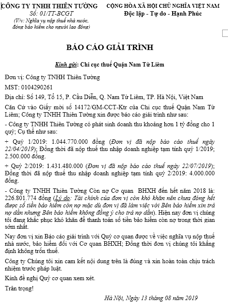 Mẫu báo cáo giải trình thuế