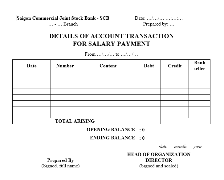 Mẫu bảng sao kê tài khoản Ngân hàng Thương mại Cổ phần Sài Gòn - TIẾNG ANH