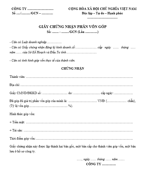 Mẫu giấy chứng nhận góp vốn mới nhất