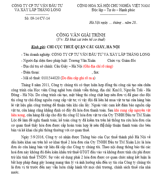 Mẫu CV giải trình về việc kê khai sai trên hồ sơ thuế