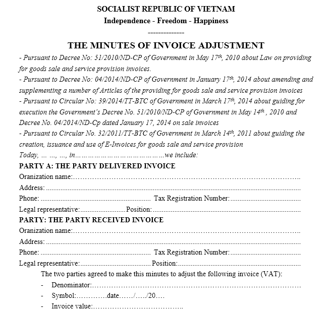 Mẫu biên bản điều chỉnh hóa đơn - TIẾNG ANH