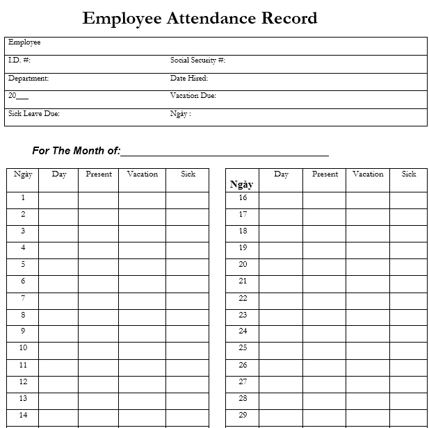 Mẫu điểm danh nhân viên hàng tháng - TIẾNG ANH