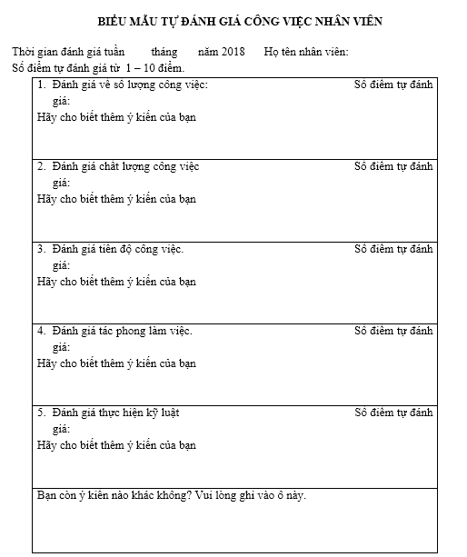 Biểu mẫu tự đánh giá công việc nhân viên