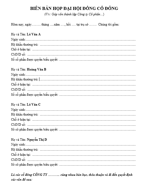 Mẫu biên bản họp đại hội cổ đông Công ty Cổ phần