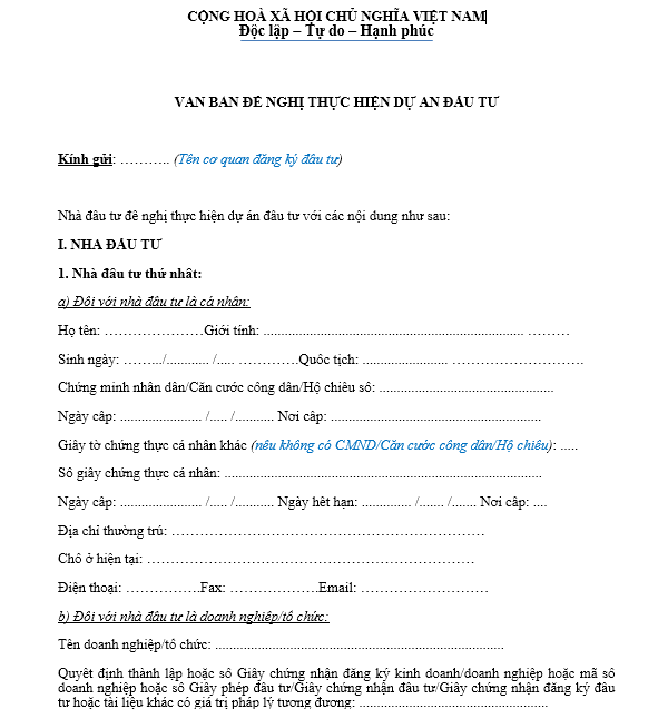 Mẫu văn bản đề nghị thực hiện dự án đầu tư