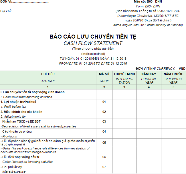 Mẫu báo cáo lưu chuyển tiền tệ theo PP gián tiếp - SONG NGỮ – Thông tư 133/2016/TT-BTC ngày 26/08/2016 của Bộ Tài chính