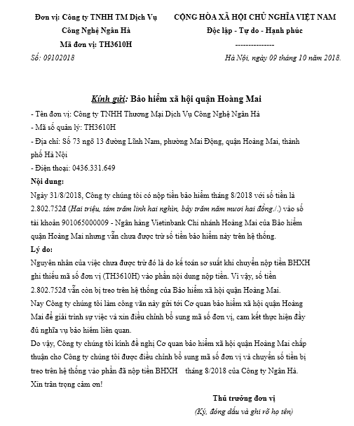 Mẫu CV giải trình bị treo tiền BHXH