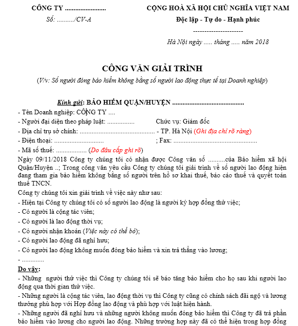 Mẫu CV giải trình Số người đóng bảo hiểm không bằng số người lao động thực tế tại Doanh nghiệp