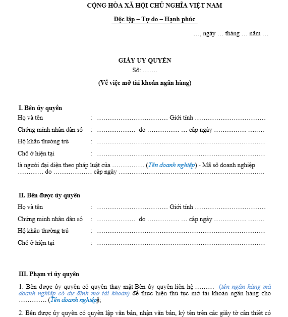 Mẫu giấy ủy quyền mở tài khoản thanh toán của Công ty Cổ phần