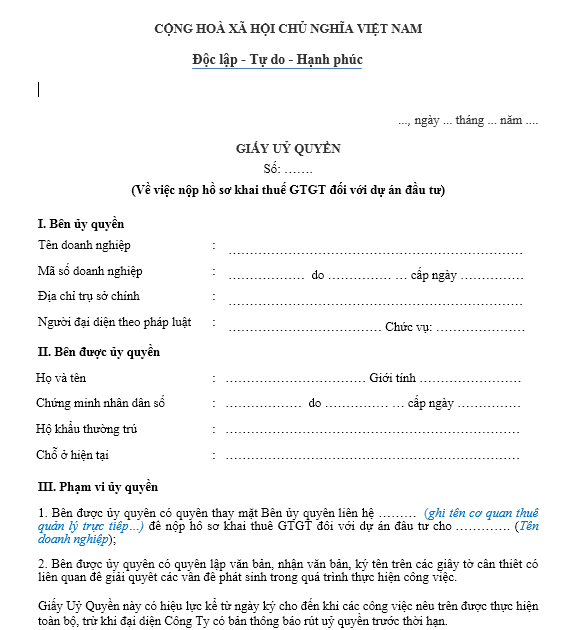 Mẫu giấy ủy quyền khai thuế GTGT cho dự án đầu tư