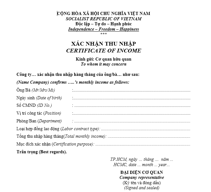 Mẫu giấy xác nhận thu thập cá nhân - SONG NGỮ ( Do công ty xác nhận)