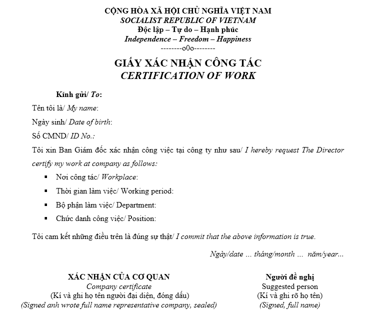 Mẫu giấy xác nhận công tác - SONG NGỮ