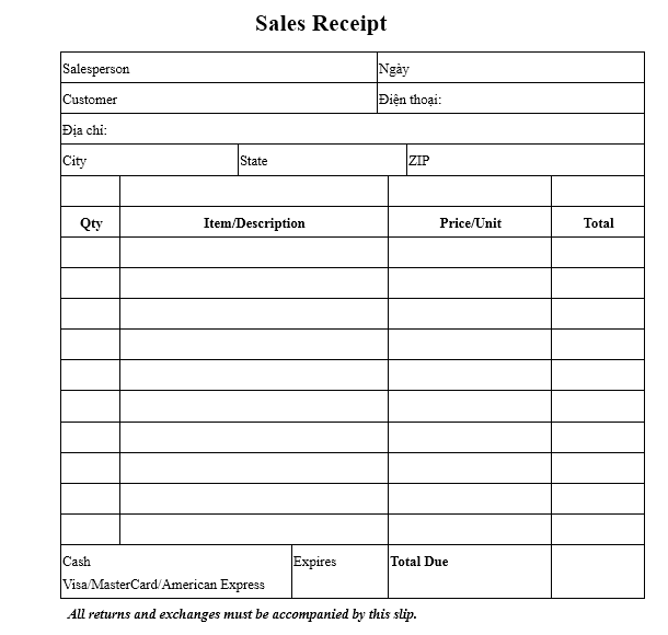 Mẫu hóa đơn bán hàng bằng TIẾNG ANH