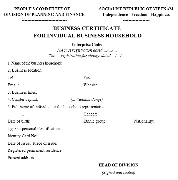 Mẫu giấy chứng nhận đăng ký hộ kinh doanh -TIẾNG ANH