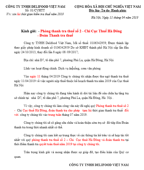 Mẫu CV xin lùi thời hạn quyết toán thuế