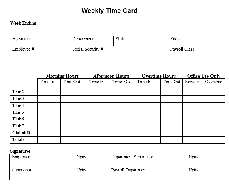 Mẫu bảng theo dõi thời gian làm việc hàng tuần - TIẾNG ANH