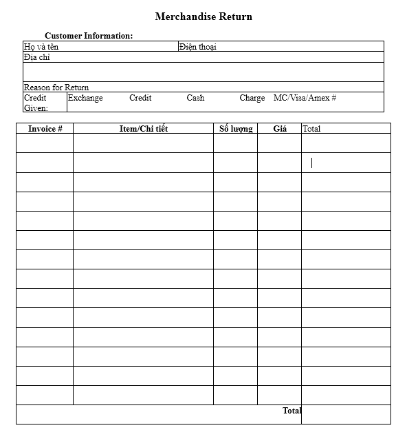 Mẫu hoàn trả hàng bằng TIẾNG ANH