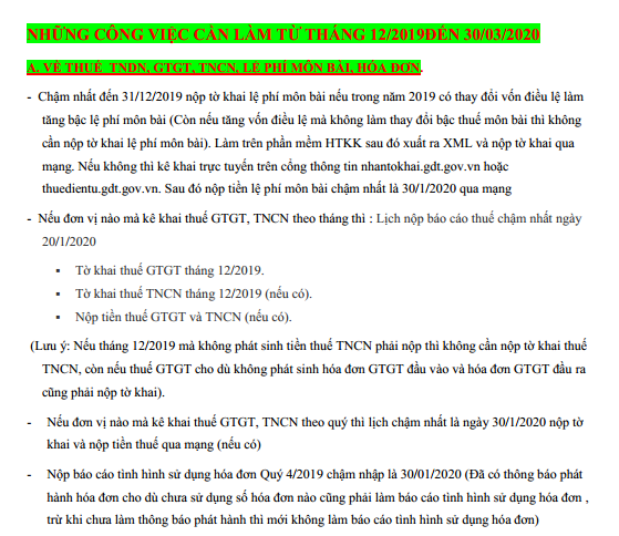 Những công việc cần làm của kế toán từ tháng 12/2019 đến 30/03/2019