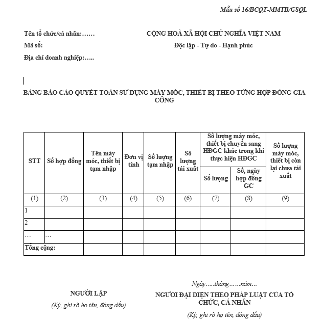 Mẫu bảng báo cáo quyết toán sử dụng máy móc, thiết bị theo từng hợp đồng gia công