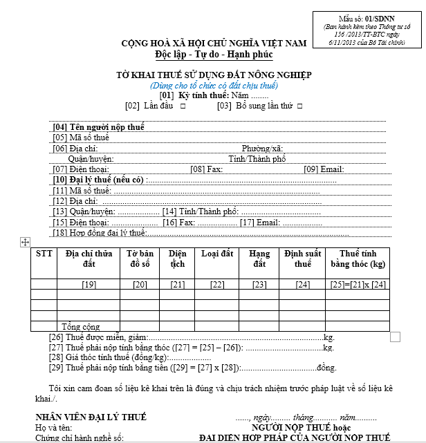 Mẫu tờ khai thuế sử dụng đất nông nghiệp - Mẫu số: 01/SDNN (Ban hành kèm theo Thông tư số 156 /2013/TT-BTC ngày 6/11/2013 của Bộ Tài chính)