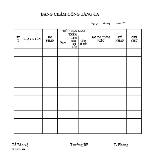 Mẫu bảng chấm công tăng ca