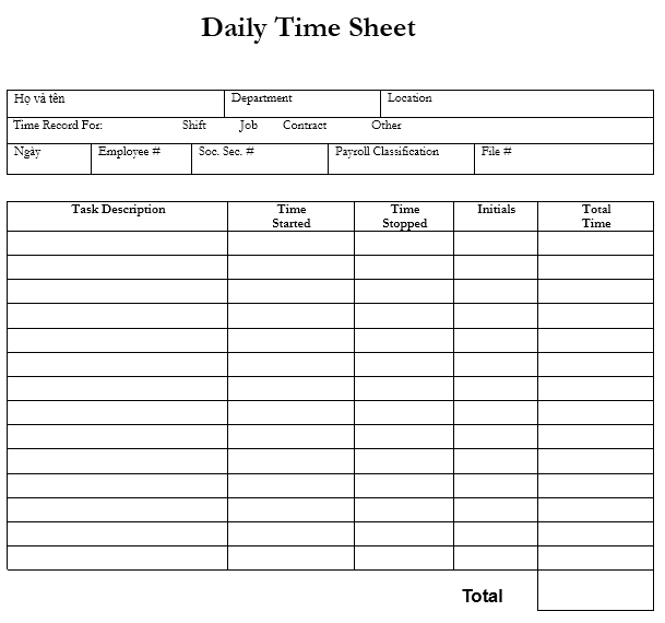 Mẫu bảng theo dõi thời gian làm việc hàng ngày - TIẾNG ANH