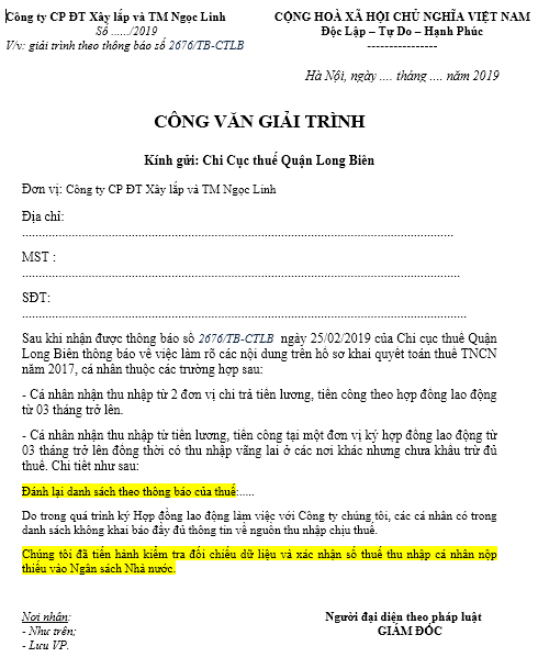 Mẫu Cv giải trình sai thuế TNCN năm 2017