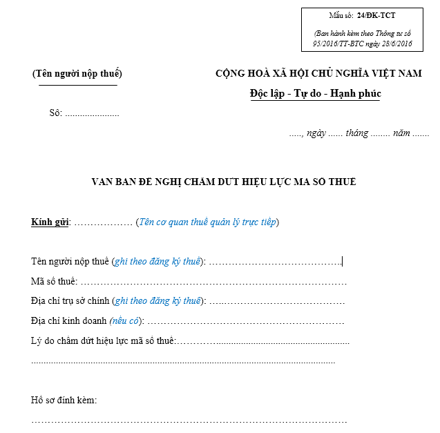 Mẫu văn bản đề nghị chấm dứt hiệu lực mã số thuế của Công ty Cổ phần