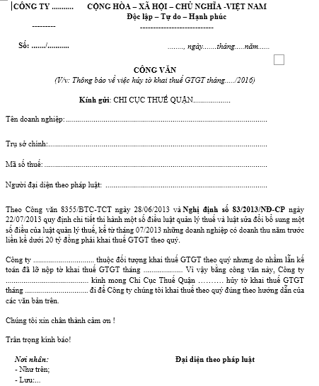 Mẫu CV xin hủy tờ khai thuế GTGT
