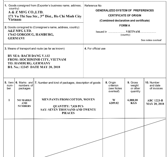 Mẫu C.O form A (C.O ưu đãi thuế quan phổ cấp (GSP) theo quy định cảu nước nhập khẩu)