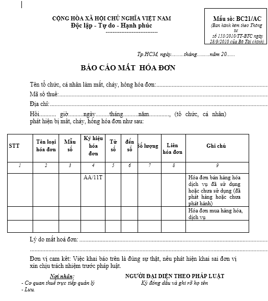 Mẫu báo cáo mất hóa đơn giá trị gia tăng