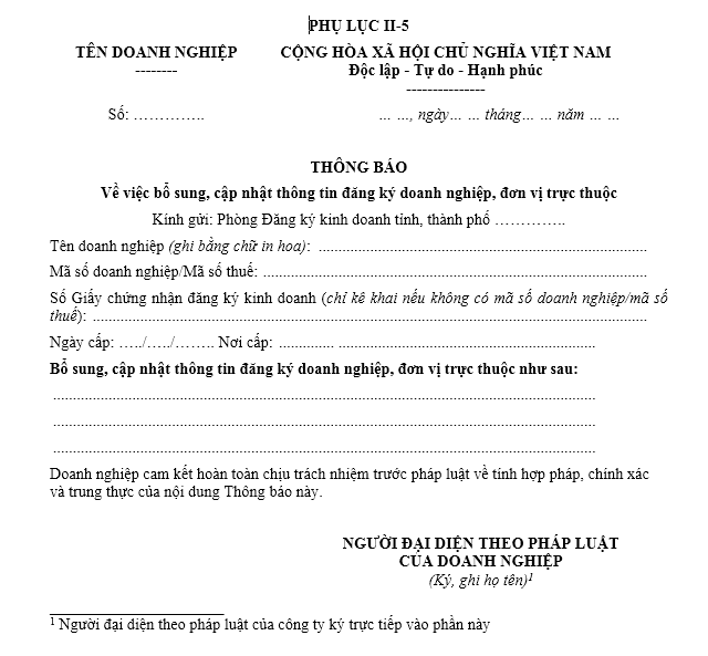 Mẫu thông báo bổ sung, cập nhật thông tin đăng ký doanh nghiệp