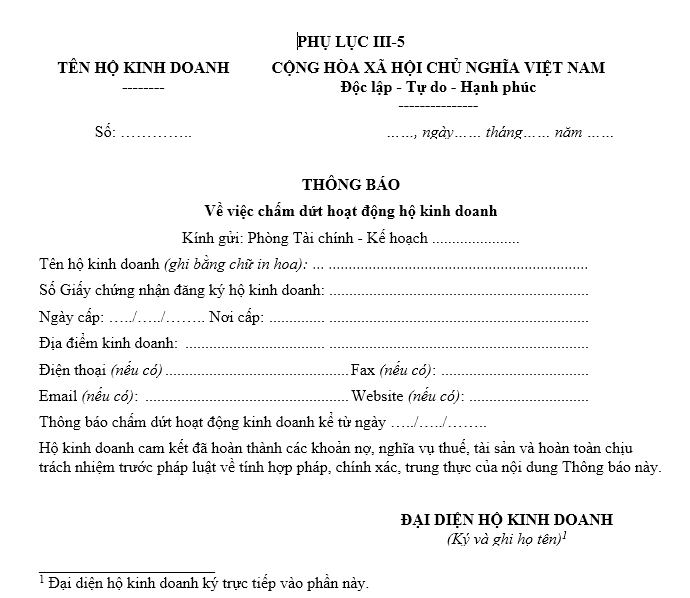 Mẫu thông báo về việc chấm dứt hoạt động hộ kinh doanh