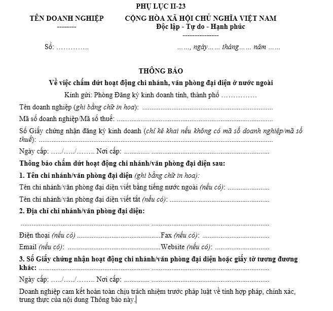 Mẫu thông báo về việc chấm dứt hoạt động chi nhánh, văn phòng đại diện ở nước ngoài