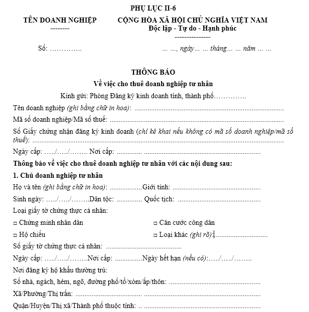 Mẫu thông báo về việc cho thuê doanh nghiệp tư nhân