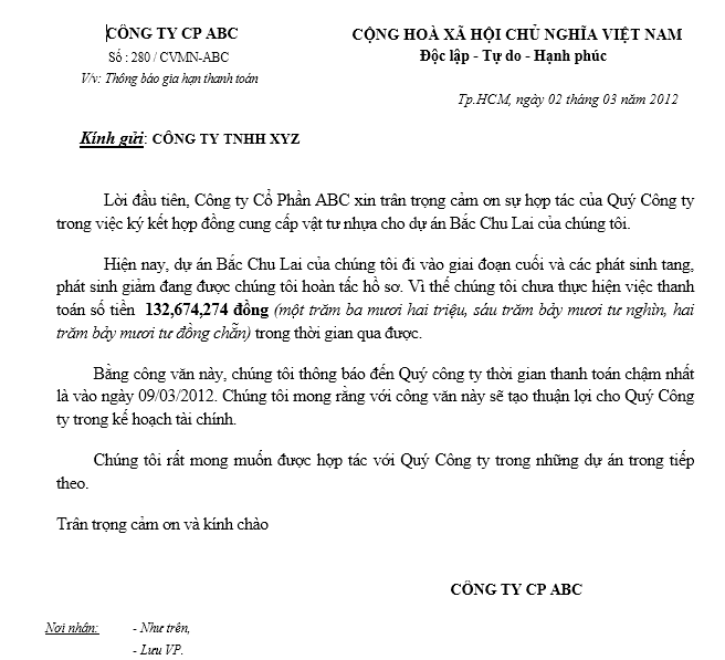 Mẫu công văn gia hạn thanh toán