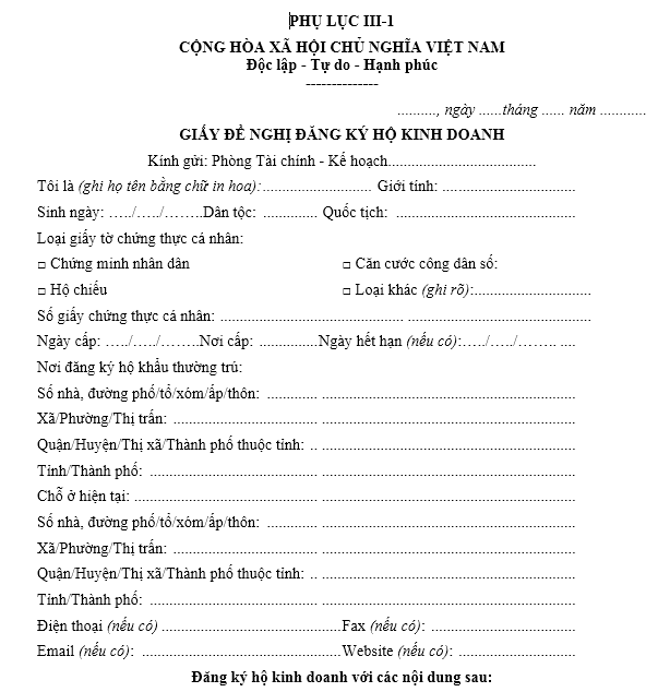 Mẫu giấy đăng ký hộ kinh doanh