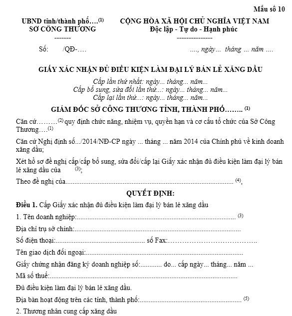 Mẫu giấy xác nhận đủ điều kiện làm đại lý bán lẻ xăng dầu