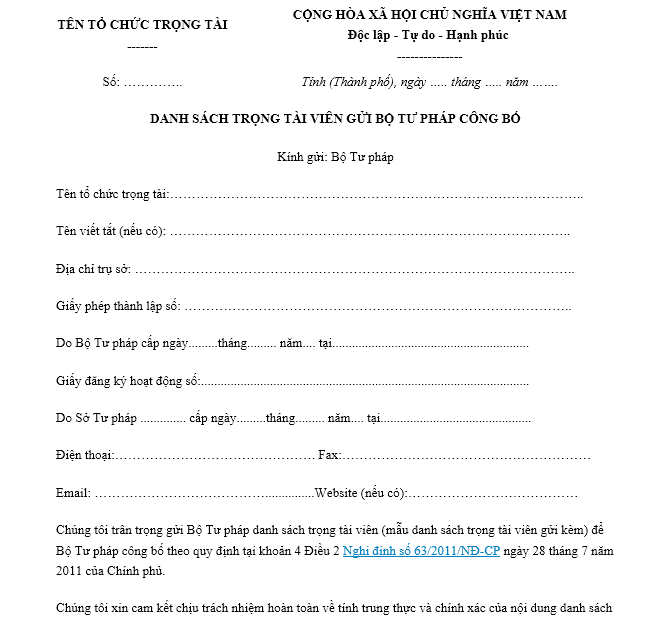 Mẫu danh sách trọng tài viên gửi bộ tư pháp công bố ban hành kèm theo Thông tư số 12/TT-BTP.