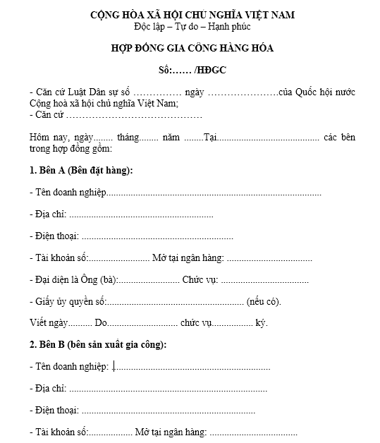 Mẫu hợp đồng gia công hàng hóa