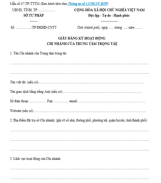 Mẫu giấy đăng ký hoạt động chi nhánh của trung tâm trọng tài ban hành kèm theo Thông tư số 12/2012/TT-BTP.