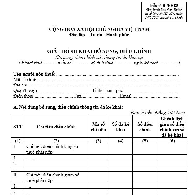 Mẫu bản giải trình khai bổ sung,điều chỉnh (Mẫu 01/KHBS)