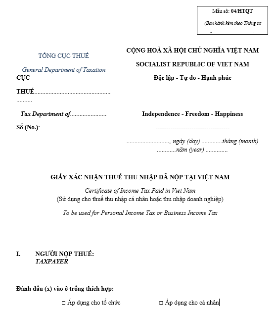 Mẫu giấy xác nhận thuế thu nhập đã nộp tại Việt Nam SONG NGỮ