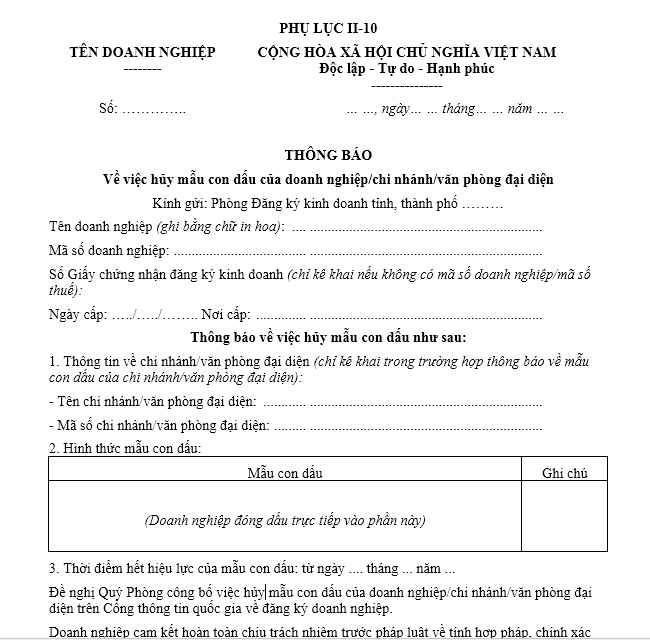 Mẫu thông báo về việc hủy con dấu của doanh nghiệp/ chi nhánh/ văn phòng đại diện