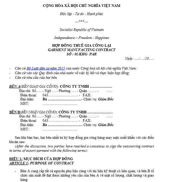 Mẫu hợp đồng thuê gia công lại - SONG NGỮ