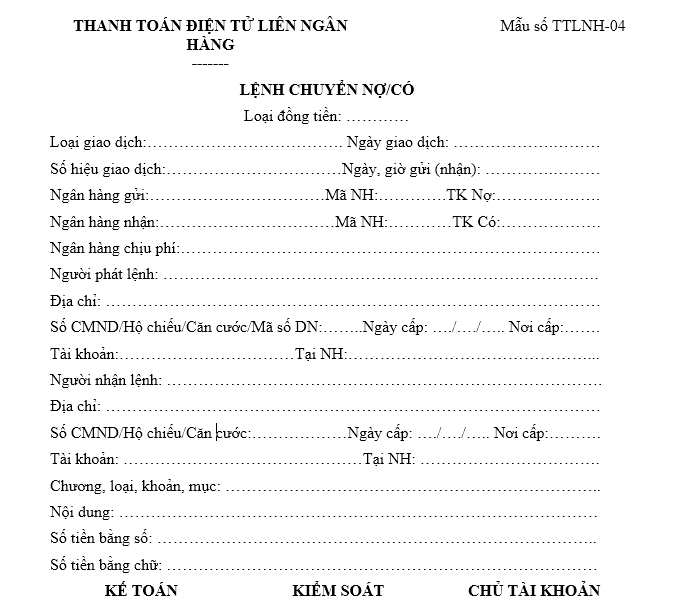 Mẫu lệnh chuyển nợ có ( Thanh toán điện tử liên ngân hàng )